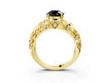Yellow gold Fancy Black Round Cut Solitaire Diamond Leaf-Inspired Vine Band Ring with Prong Setting_3