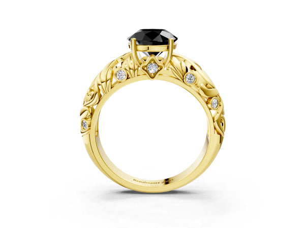 Yellow Gold Round Leaf Vine Solitaire Engagement Ring Setting for Black Center