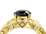 Yellow gold Fancy Black Round Cut Solitaire Diamond Leaf-Inspired Vine Band Ring with Prong Setting_4
