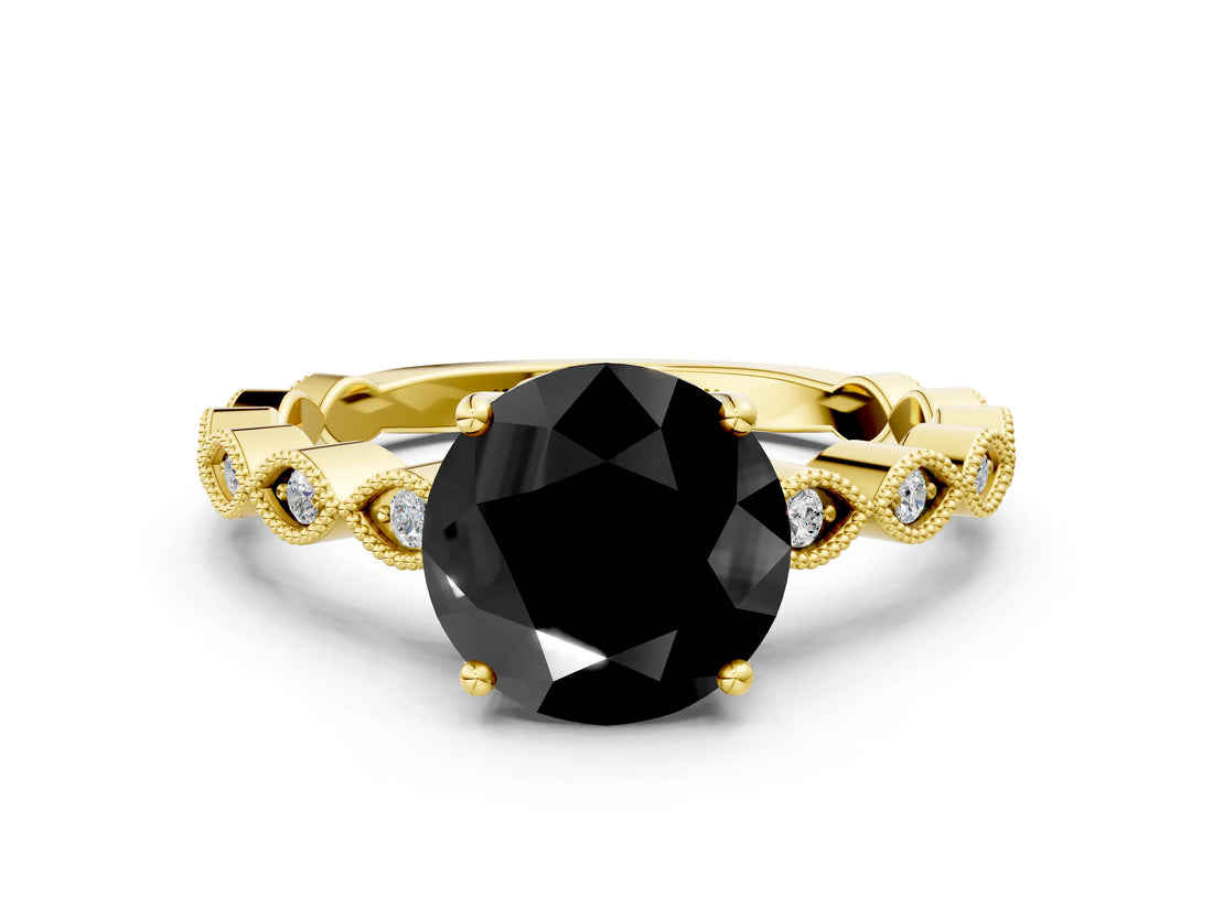Yellow gold Fancy Black Round Cut Solitaire Diamond Ring with Infinity Twist Band and Four-Prong Setting