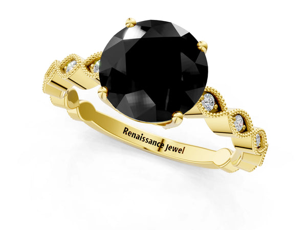 Yellow gold Fancy Black Round Cut Solitaire Diamond Ring with Infinity Twist Band and Four-Prong Setting