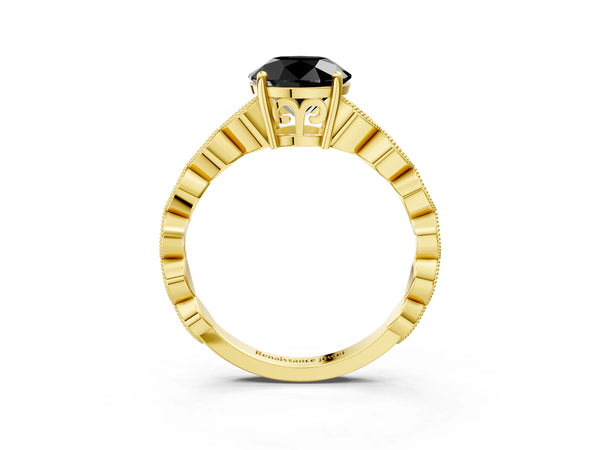 Yellow gold Fancy Black Round Cut Solitaire Diamond Ring with Infinity Twist Band and Four-Prong Setting