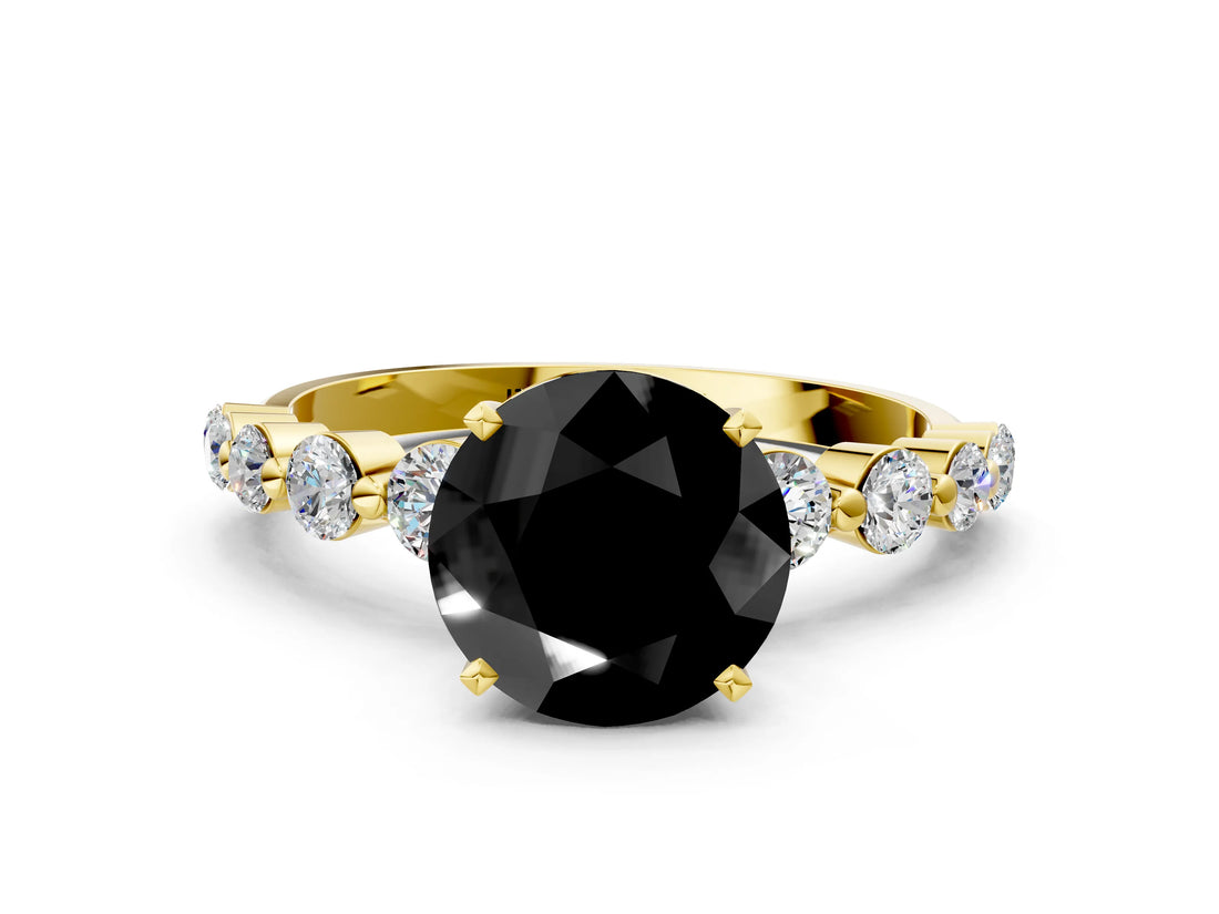 Yellow gold Fancy Black Round Cut Solitaire Diamond Ring with Pave Band and Four-Prong Setting