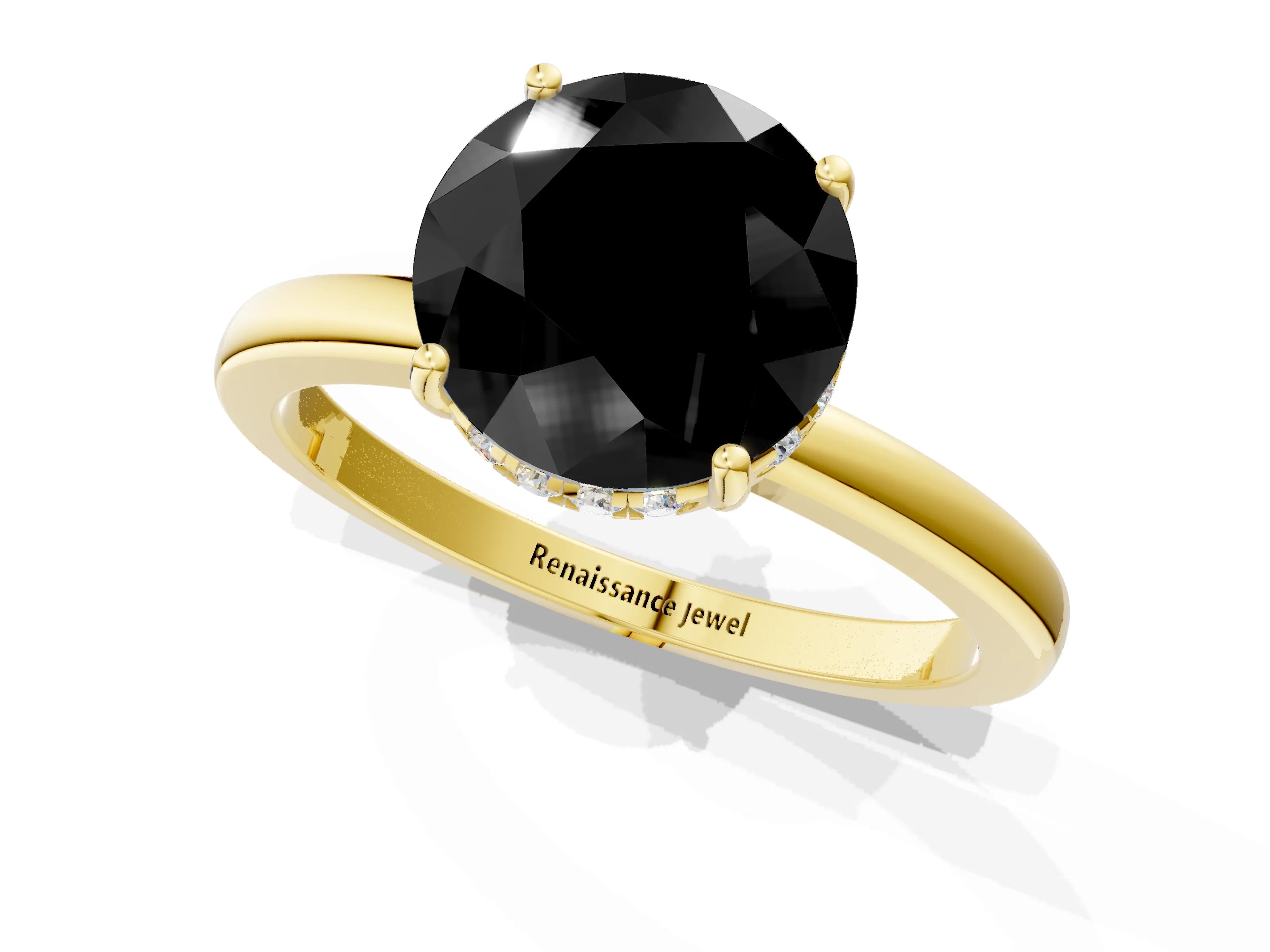 Yellow gold Fancy Black Round Cut Solitaire Diamond Ring with Prong Setting and Plain Band_1
