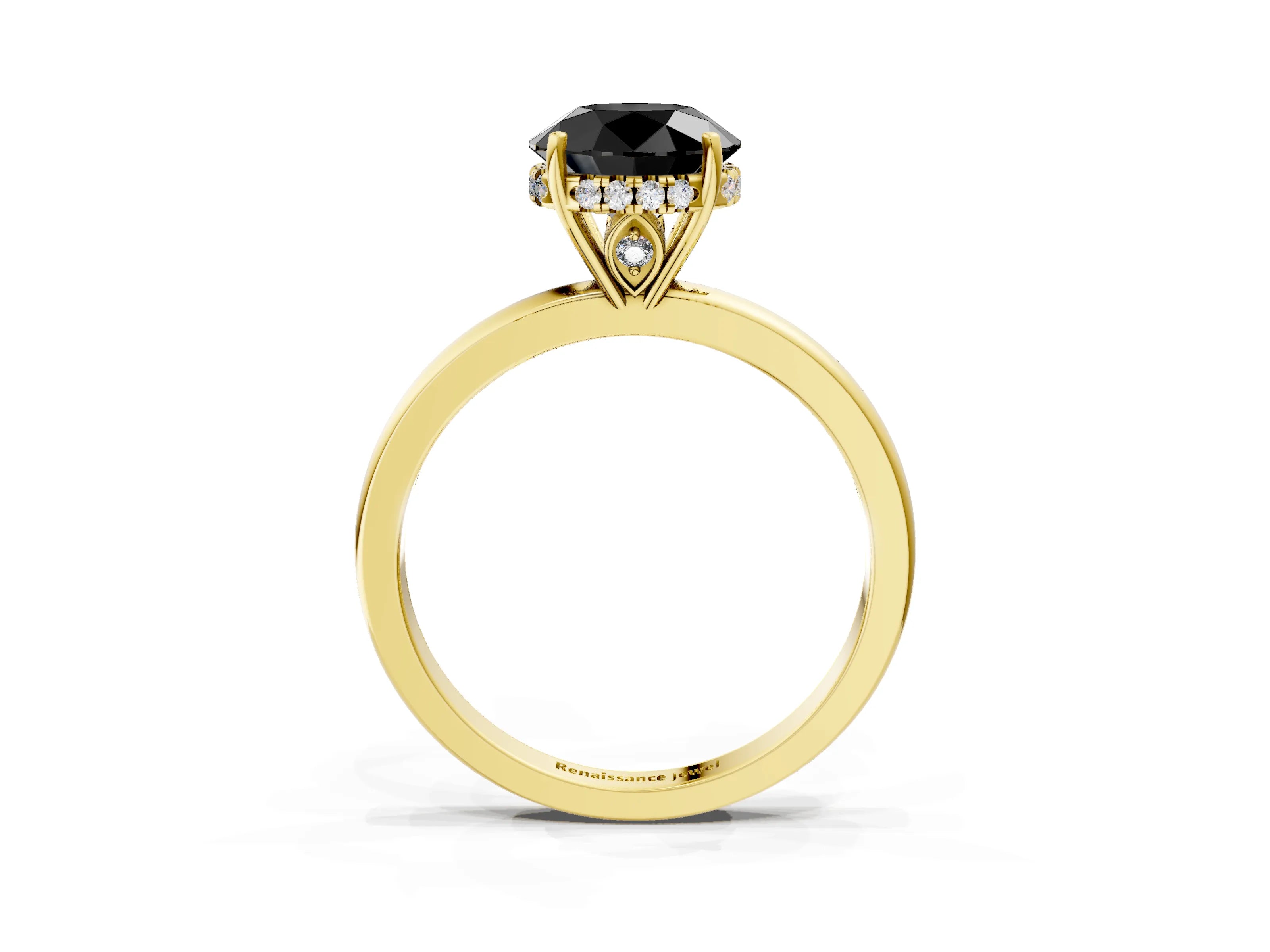 Yellow gold Fancy Black Round Cut Solitaire Diamond Ring with Prong Setting and Plain Band_3