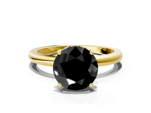 Yellow gold Fancy Black Round Cut Solitaire Diamond Ring with Prong Setting and Plain Band