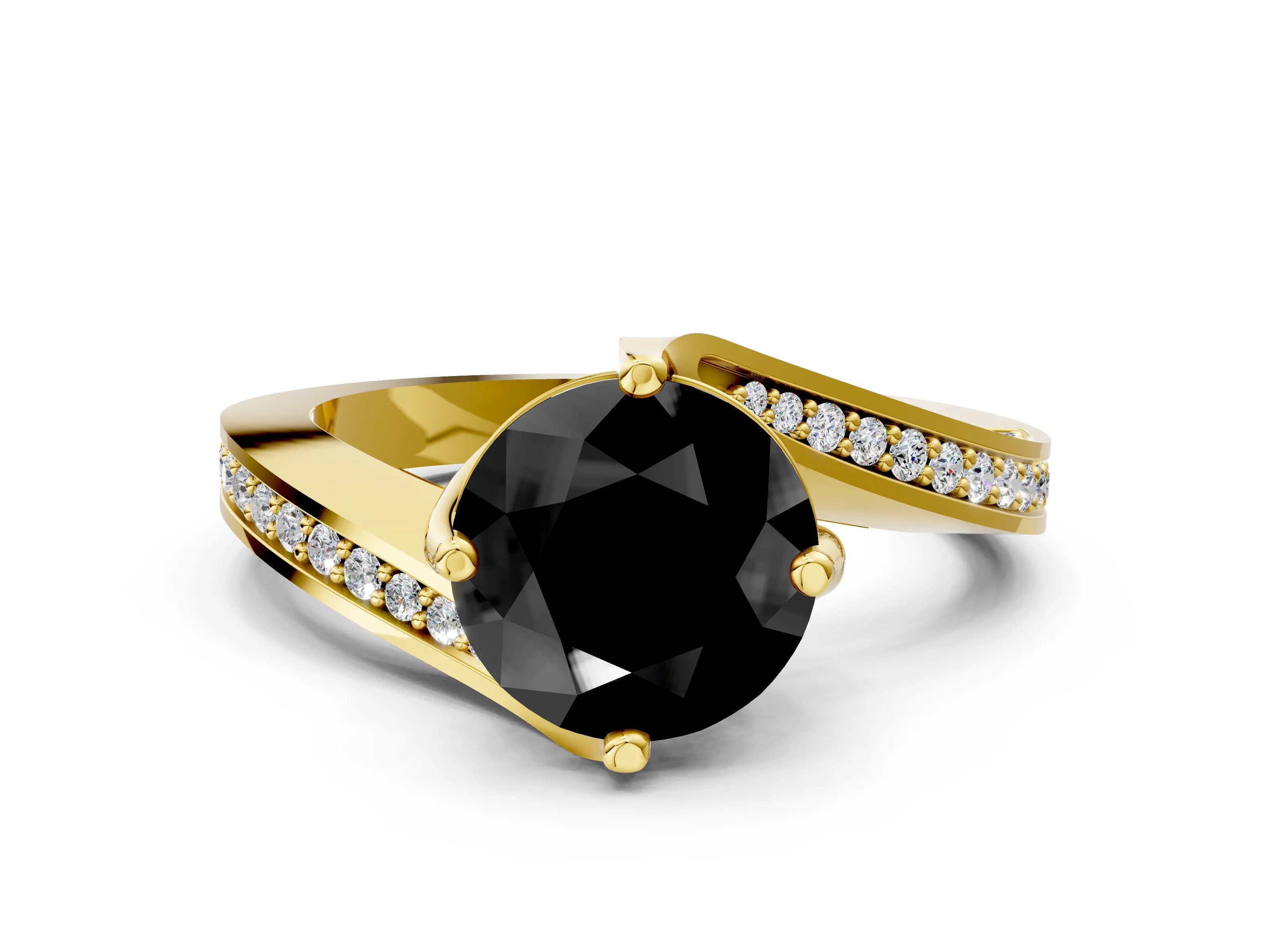 Yellow gold Fancy Black Round Cut Solitaire Diamond Twist Band with Pavé Setting and Four-Prong Setting