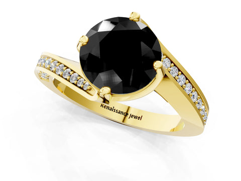 Yellow gold Fancy Black Round Cut Solitaire Diamond Twist Band with Pavé Setting and Four-Prong Setting_1