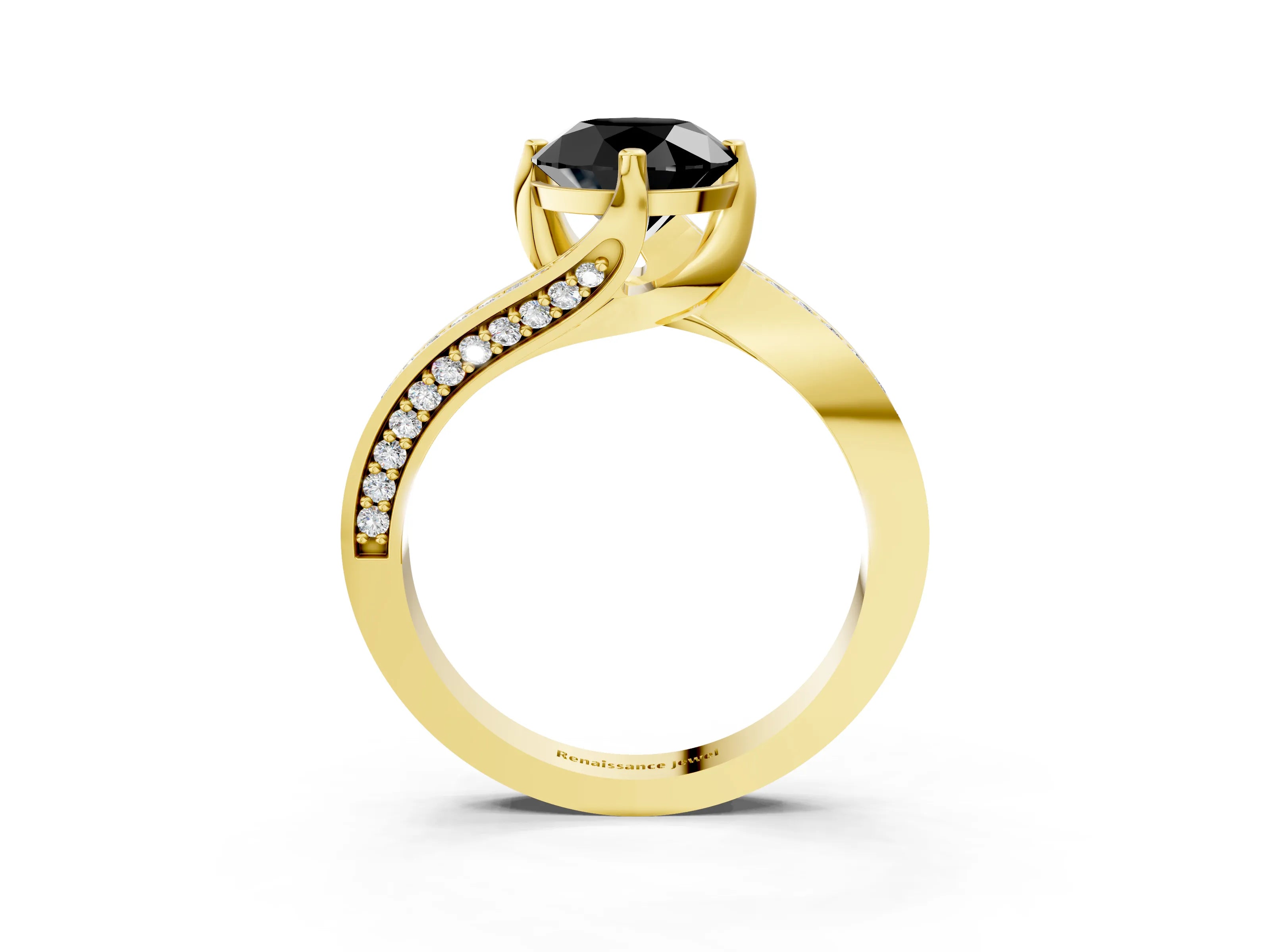 Yellow gold Fancy Black Round Cut Solitaire Diamond Twist Band with Pavé Setting and Four-Prong Setting_3