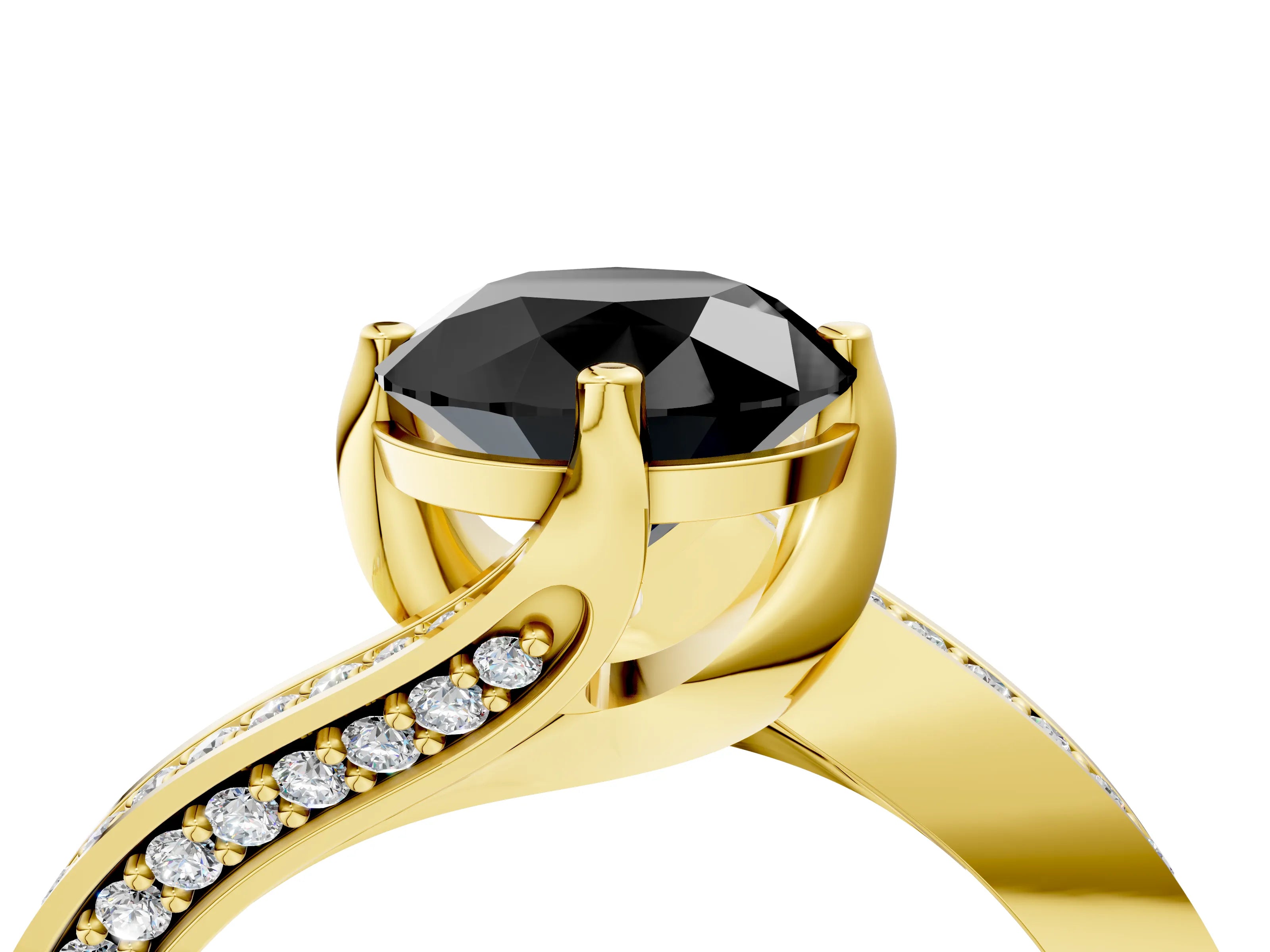 Yellow gold Fancy Black Round Cut Solitaire Diamond Twist Band with Pavé Setting and Four-Prong Setting_4