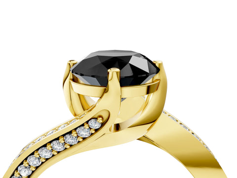 Yellow gold Fancy Black Round Cut Solitaire Diamond Twist Band with Pavé Setting and Four-Prong Setting_4