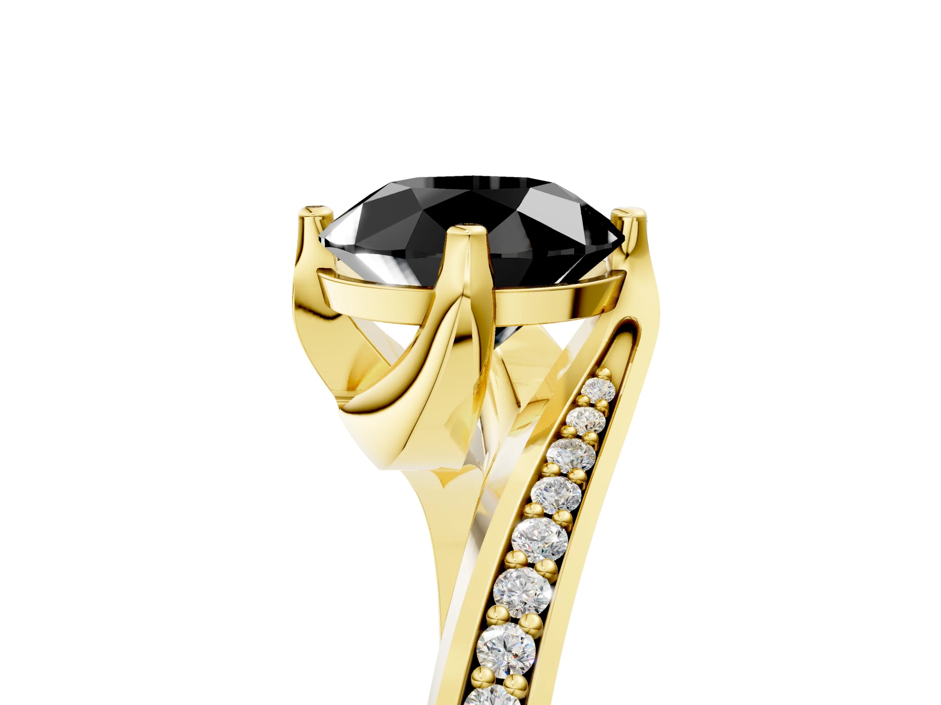 Yellow gold Fancy Black Round Cut Solitaire Diamond Twist Band with Pavé Setting and Four-Prong Setting_5