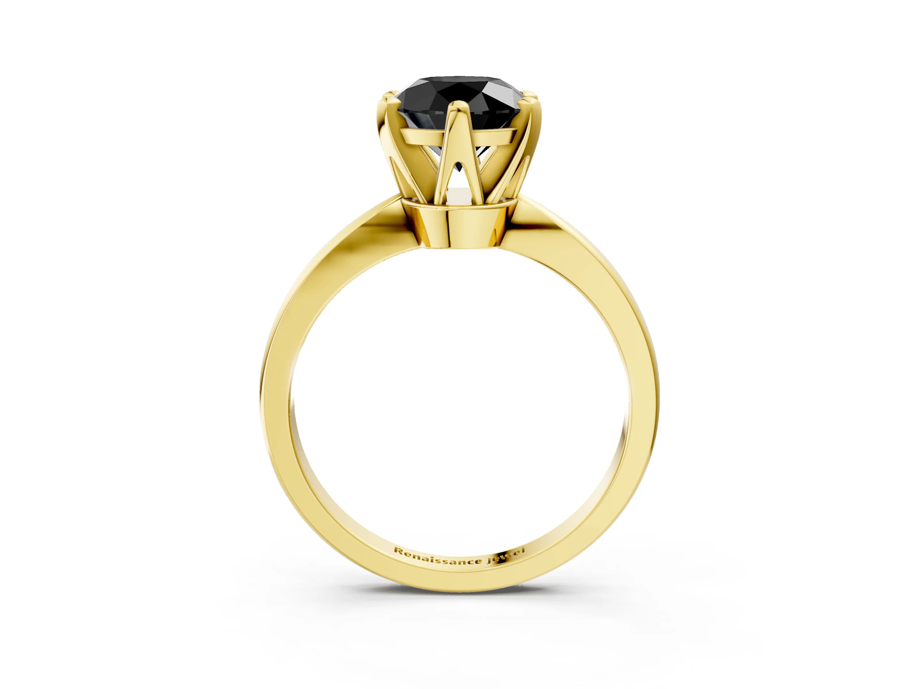 Yellow gold Fancy Black Round Cut Solitaire Engagement Ring with Six-Prong Setting and Tapered Band_3