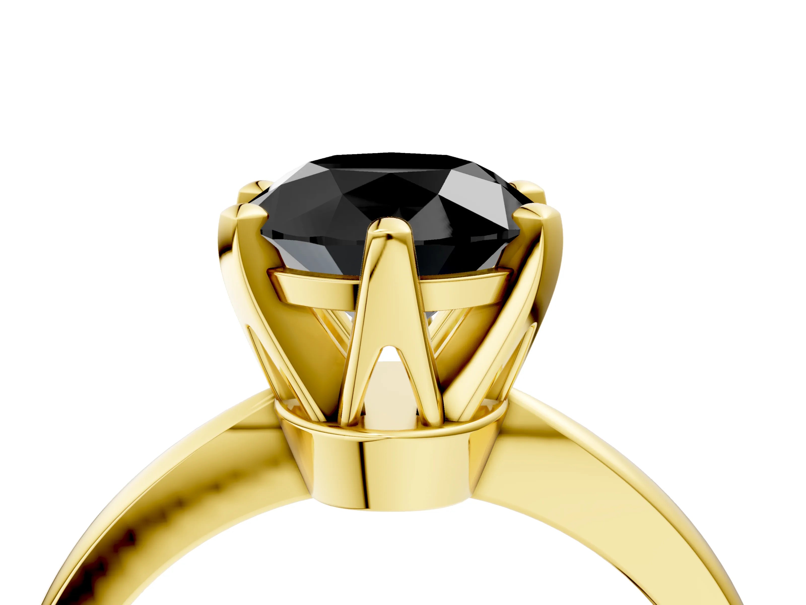 Yellow gold Fancy Black Round Cut Solitaire Engagement Ring with Six-Prong Setting and Tapered Band_4