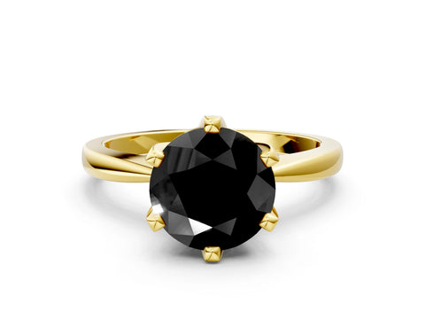 Yellow gold Fancy Black Round Cut Solitaire Engagement Ring with Six-Prong Setting and Tapered Band