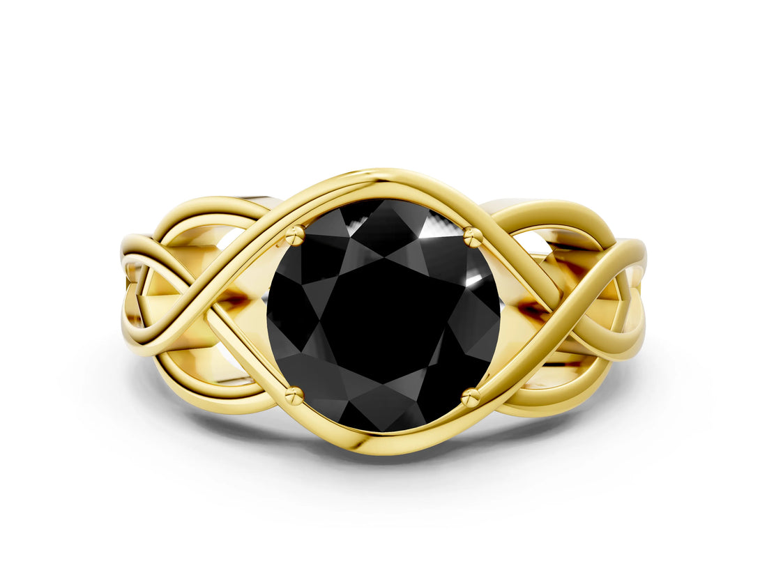 Yellow gold Fancy Black Round Cut Solitaire Intertwined Band Prong Setting Ring