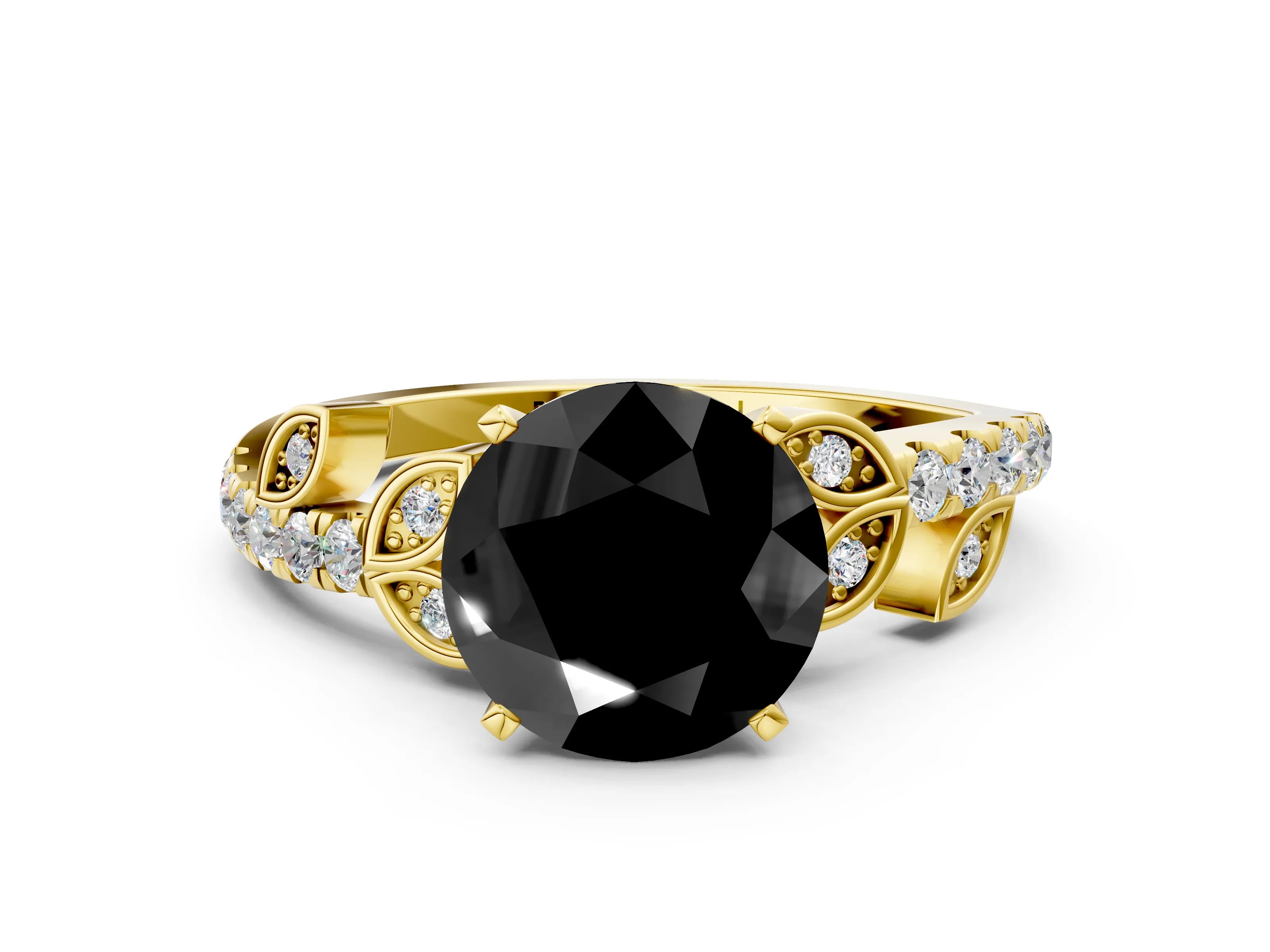 Yellow gold Fancy Black Round Cut Solitaire Leaf-Inspired Diamond Ring with Pavé Band and Four-Prong Setting