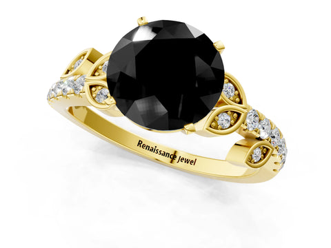 Yellow gold Fancy Black Round Cut Solitaire Leaf-Inspired Diamond Ring with Pavé Band and Four-Prong Setting_1