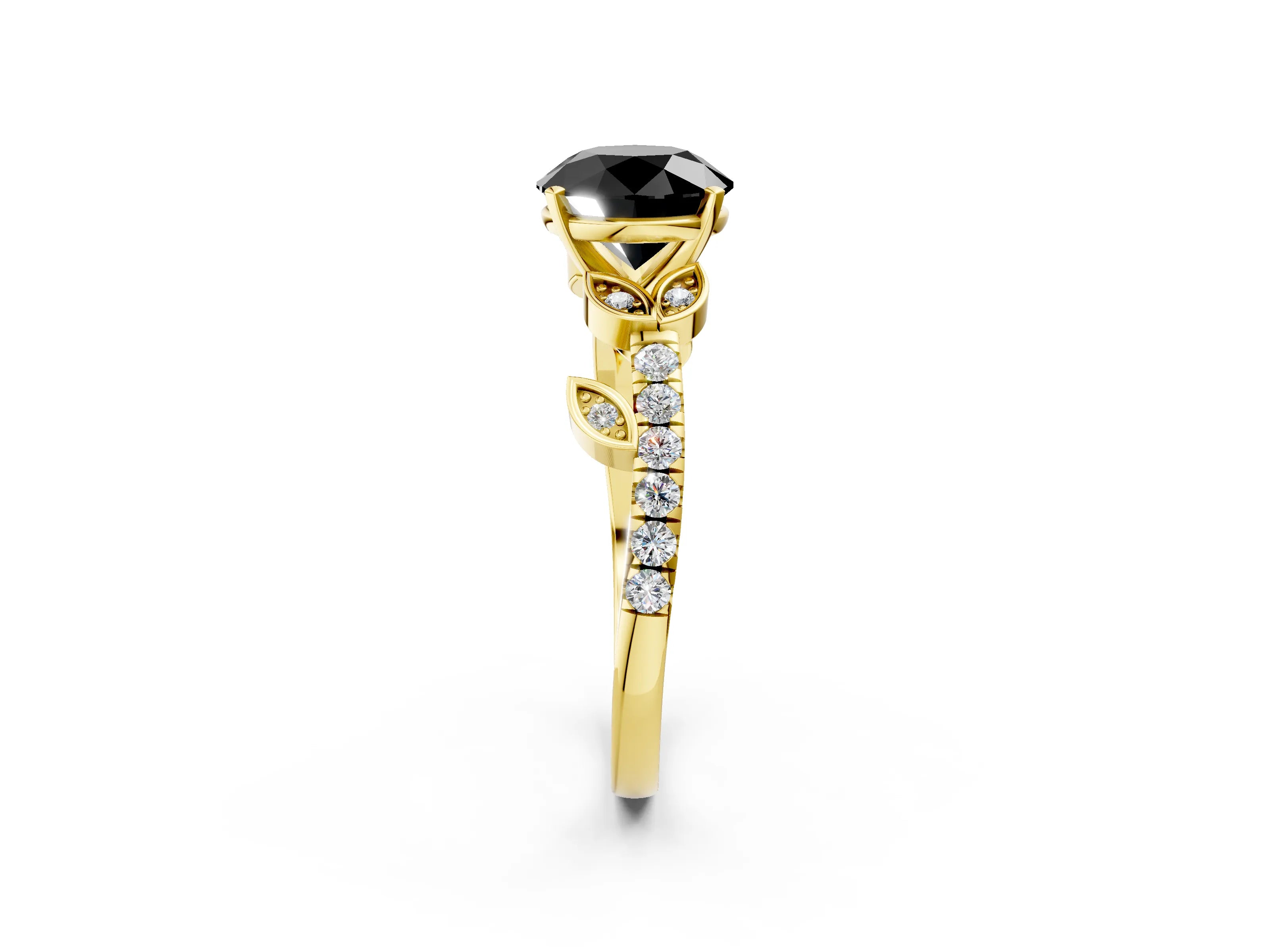 Yellow gold Fancy Black Round Cut Solitaire Leaf-Inspired Diamond Ring with Pavé Band and Four-Prong Setting_2