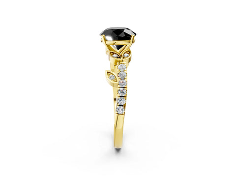 Yellow gold Fancy Black Round Cut Solitaire Leaf-Inspired Diamond Ring with Pavé Band and Four-Prong Setting_2