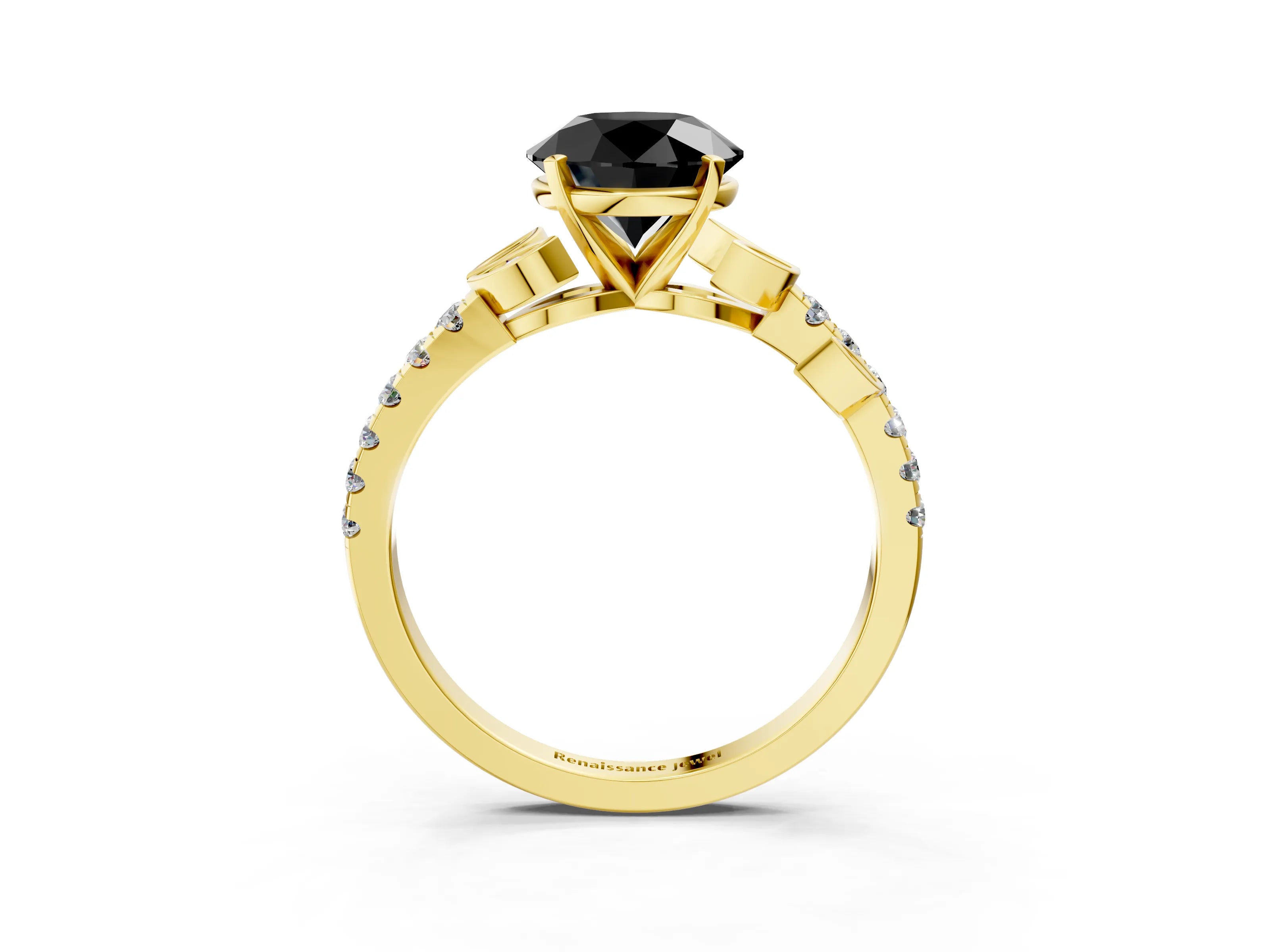 Yellow gold Fancy Black Round Cut Solitaire Leaf-Inspired Diamond Ring with Pavé Band and Four-Prong Setting_3