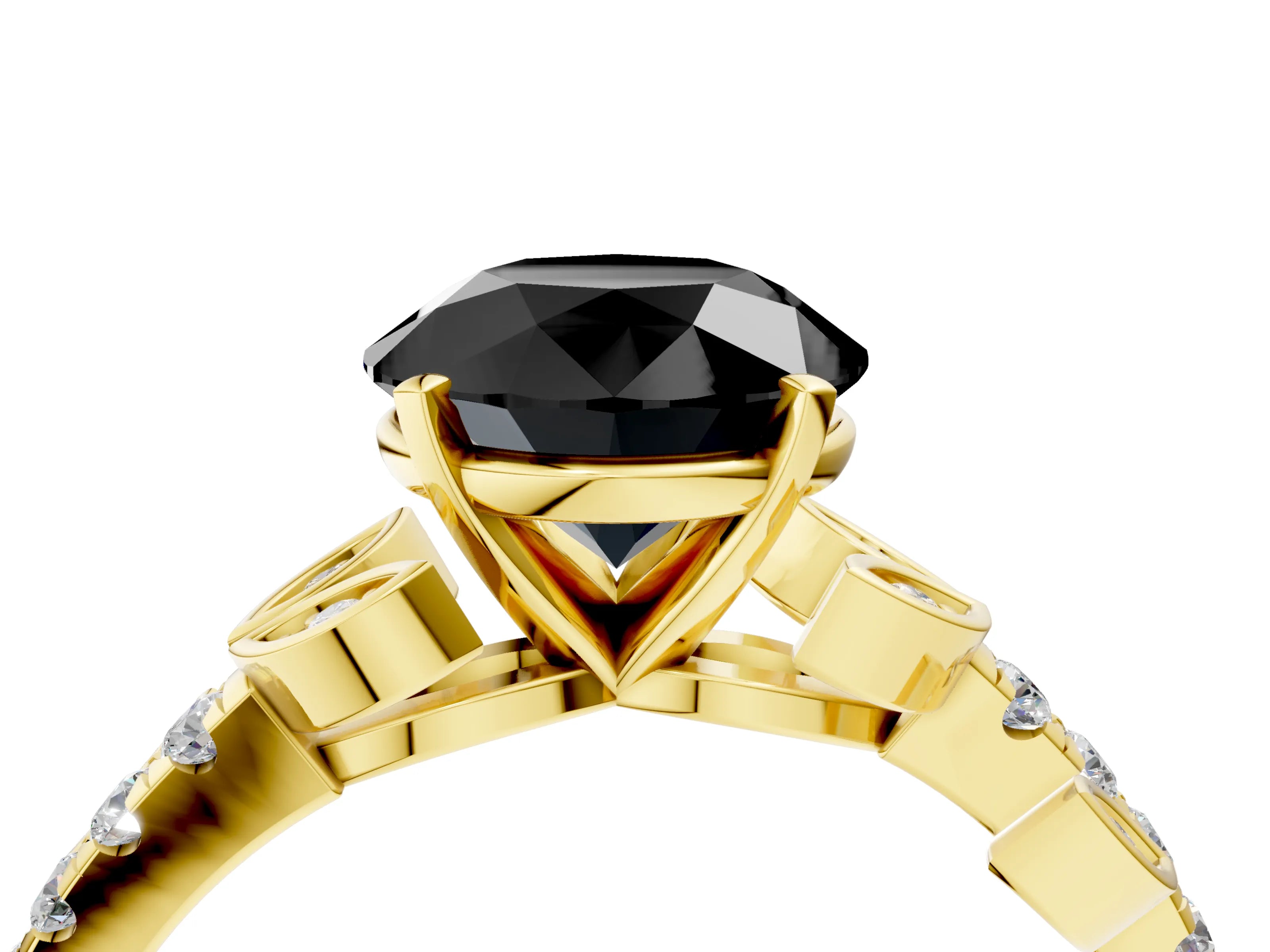 Yellow gold Fancy Black Round Cut Solitaire Leaf-Inspired Diamond Ring with Pavé Band and Four-Prong Setting_4
