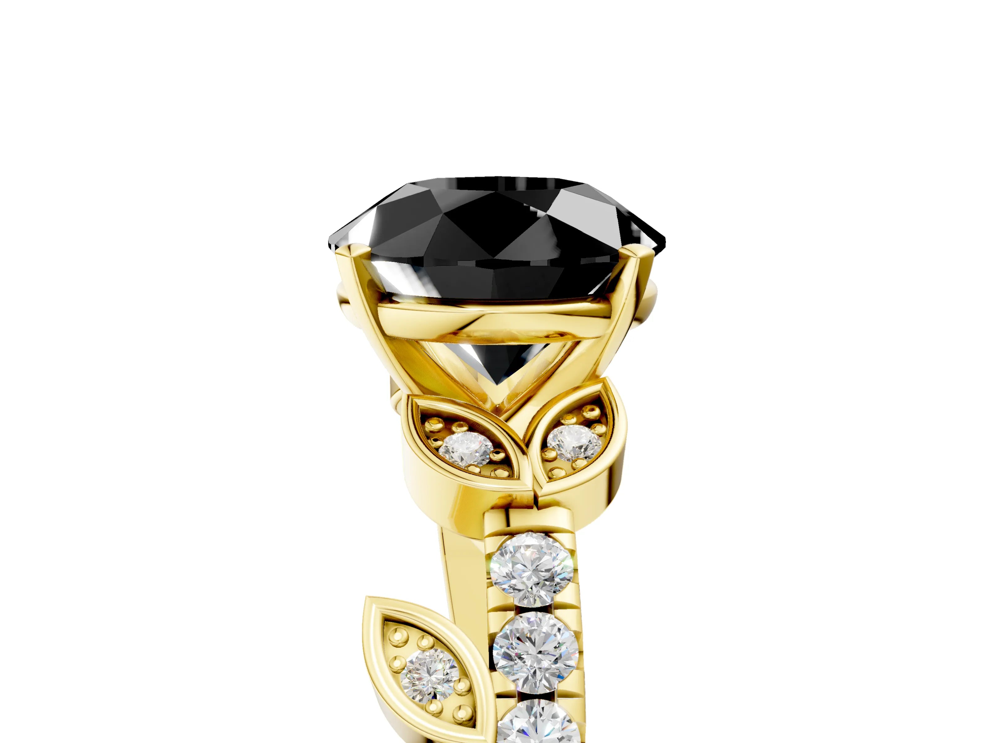 Yellow gold Fancy Black Round Cut Solitaire Leaf-Inspired Diamond Ring with Pavé Band and Four-Prong Setting_5