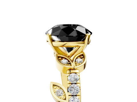 Yellow gold Fancy Black Round Cut Solitaire Leaf-Inspired Diamond Ring with Pavé Band and Four-Prong Setting_5
