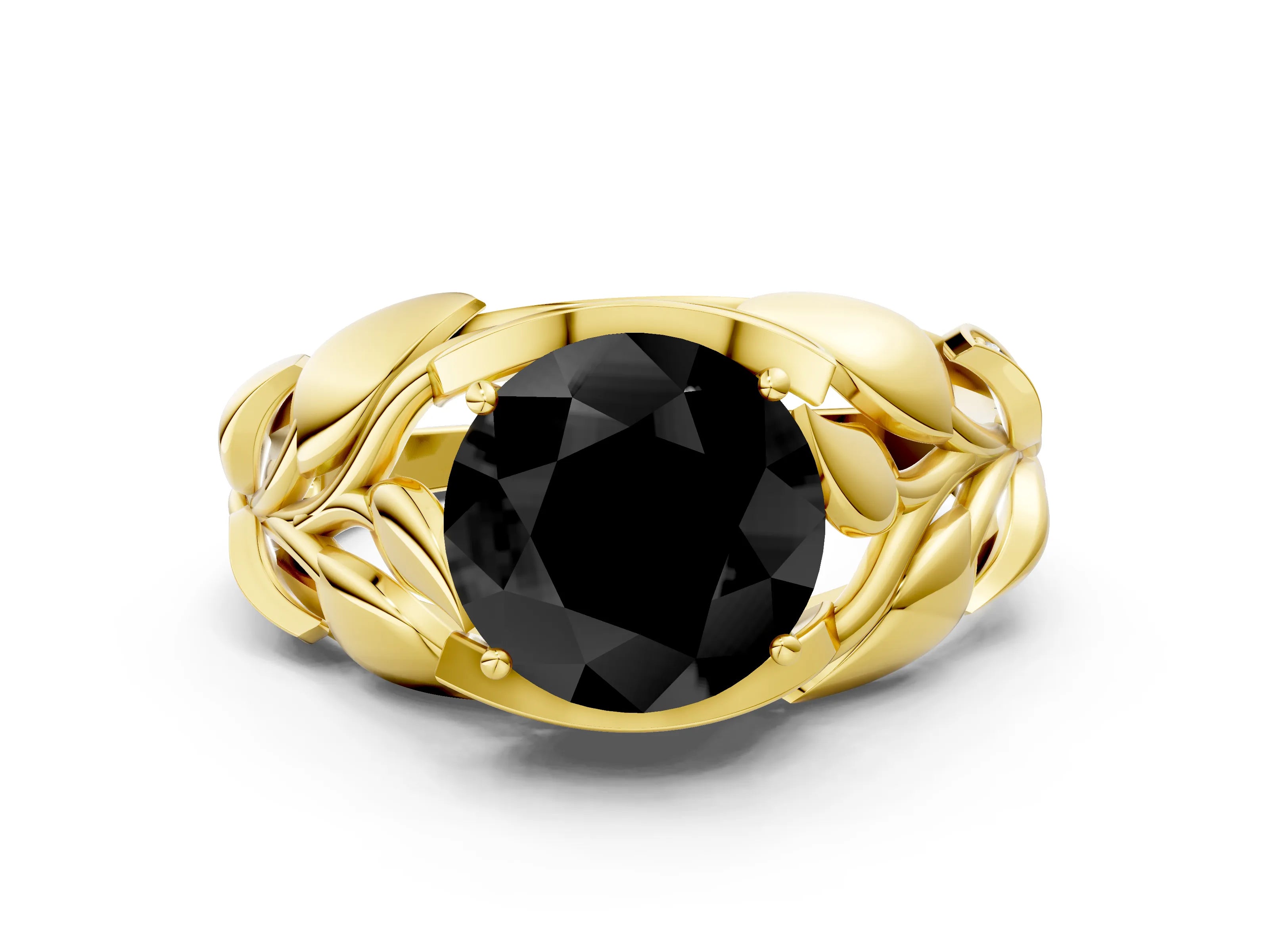 Yellow gold Fancy Black Round Cut Solitaire Leaf-Inspired Engagement Ring with Prong Setting