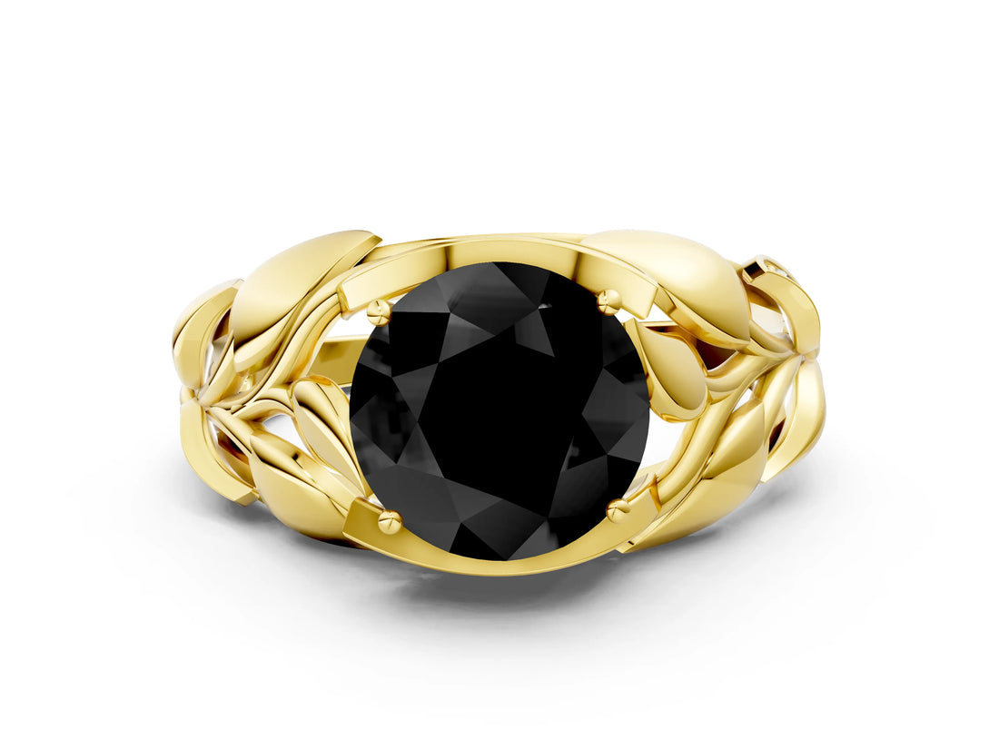 Yellow gold Fancy Black Round Cut Solitaire Leaf-Inspired Engagement Ring with Prong Setting_12