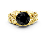 Yellow gold Fancy Black Round Cut Solitaire Leaf-Inspired Engagement Ring with Prong Setting_12