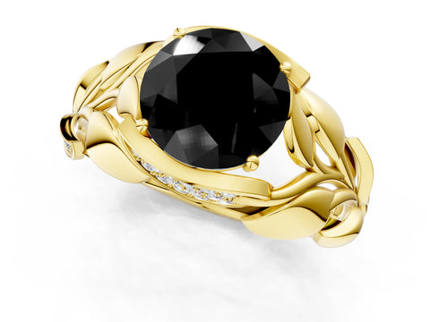 Yellow gold Fancy Black Round Cut Solitaire Leaf-Inspired Engagement Ring with Prong Setting_1