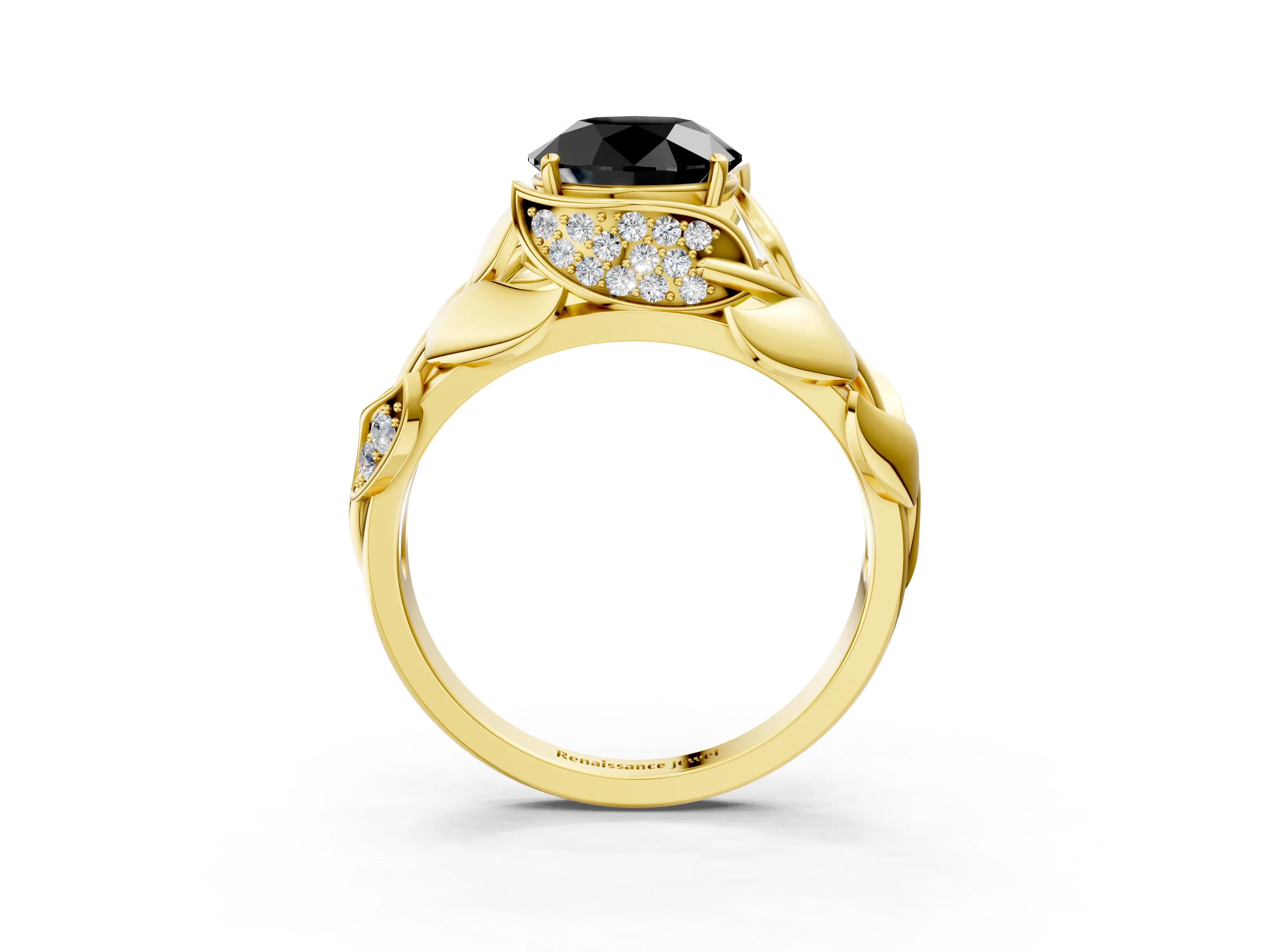 Yellow gold Fancy Black Round Cut Solitaire Leaf-Inspired Engagement Ring with Prong Setting_3