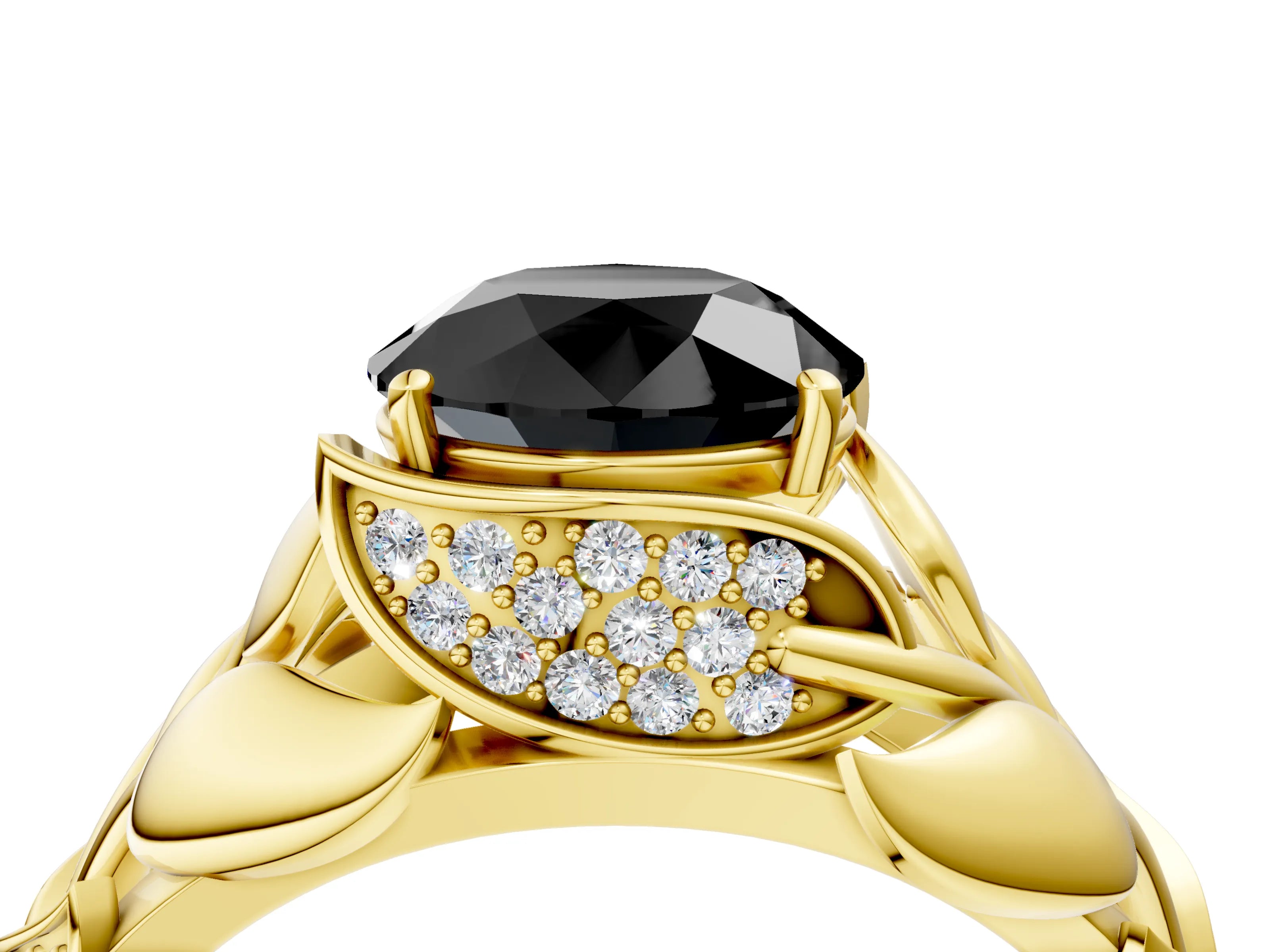 Yellow gold Fancy Black Round Cut Solitaire Leaf-Inspired Engagement Ring with Prong Setting_4