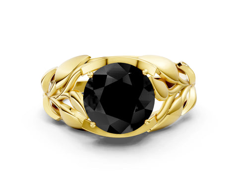 Yellow gold Fancy Black Round Cut Solitaire Leaf-Inspired Engagement Ring with Prong Setting
