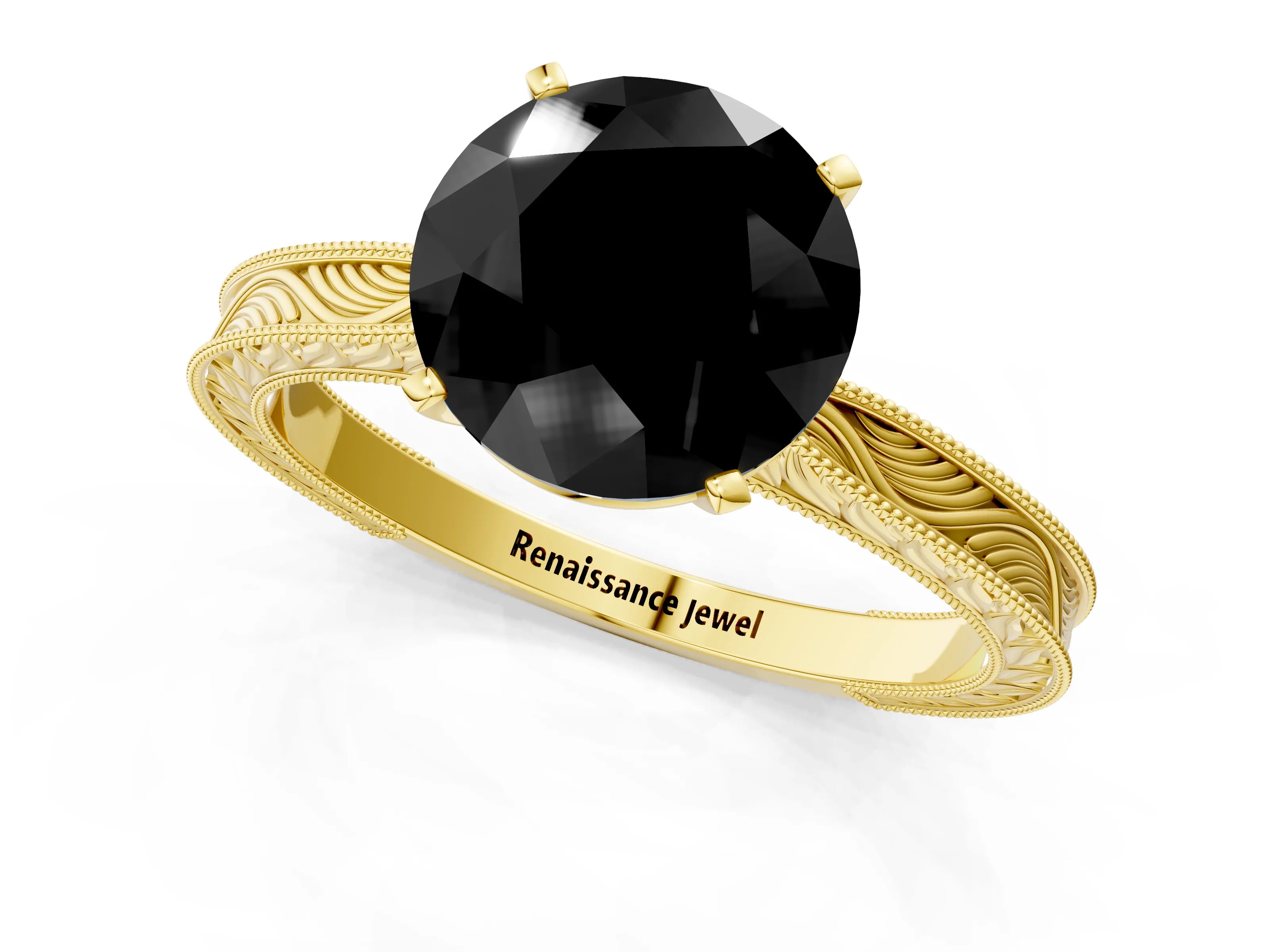 Yellow gold Fancy Black Round Cut Solitaire Milgrain Engraved Band with Four-Prong Setting_1