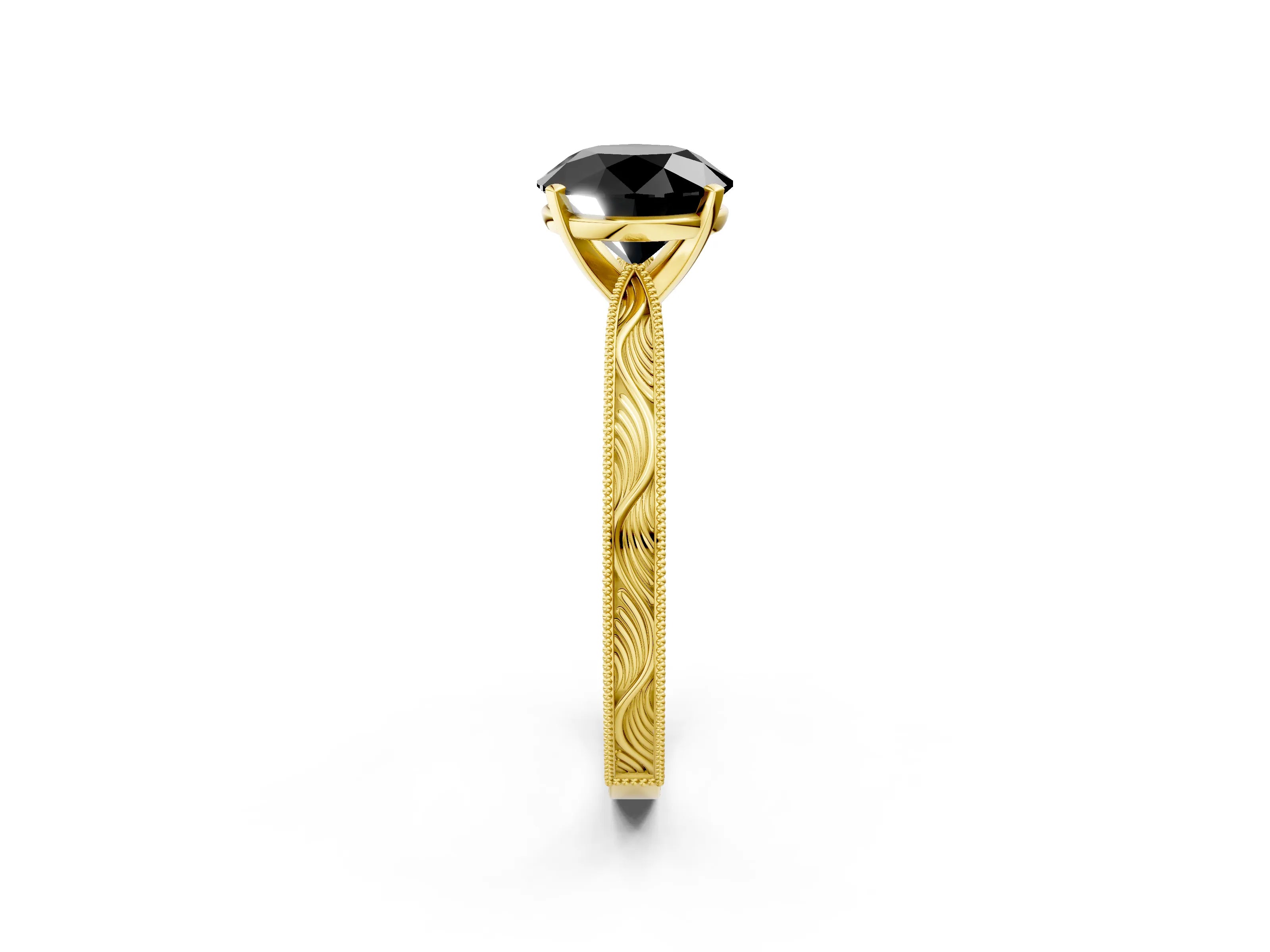 Yellow gold Fancy Black Round Cut Solitaire Milgrain Engraved Band with Four-Prong Setting_2