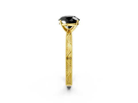 Yellow gold Fancy Black Round Cut Solitaire Milgrain Engraved Band with Four-Prong Setting_2