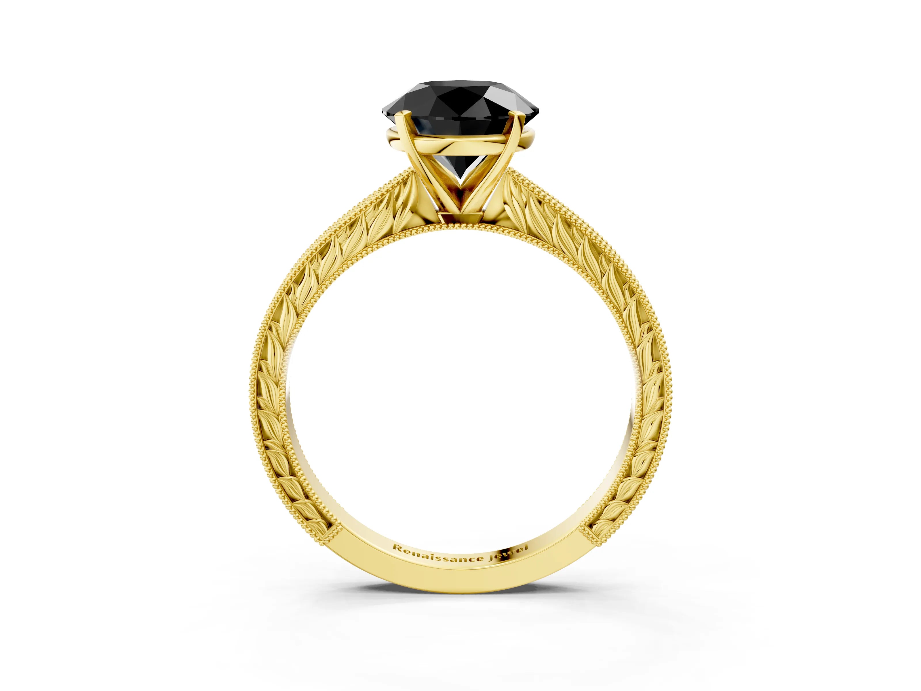 Yellow gold Fancy Black Round Cut Solitaire Milgrain Engraved Band with Four-Prong Setting_3