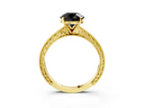 Yellow gold Fancy Black Round Cut Solitaire Milgrain Engraved Band with Four-Prong Setting_3