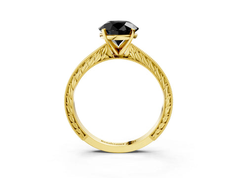 Yellow gold Fancy Black Round Cut Solitaire Milgrain Engraved Band with Four-Prong Setting_3