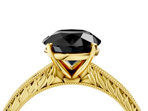 Yellow gold Fancy Black Round Cut Solitaire Milgrain Engraved Band with Four-Prong Setting_4