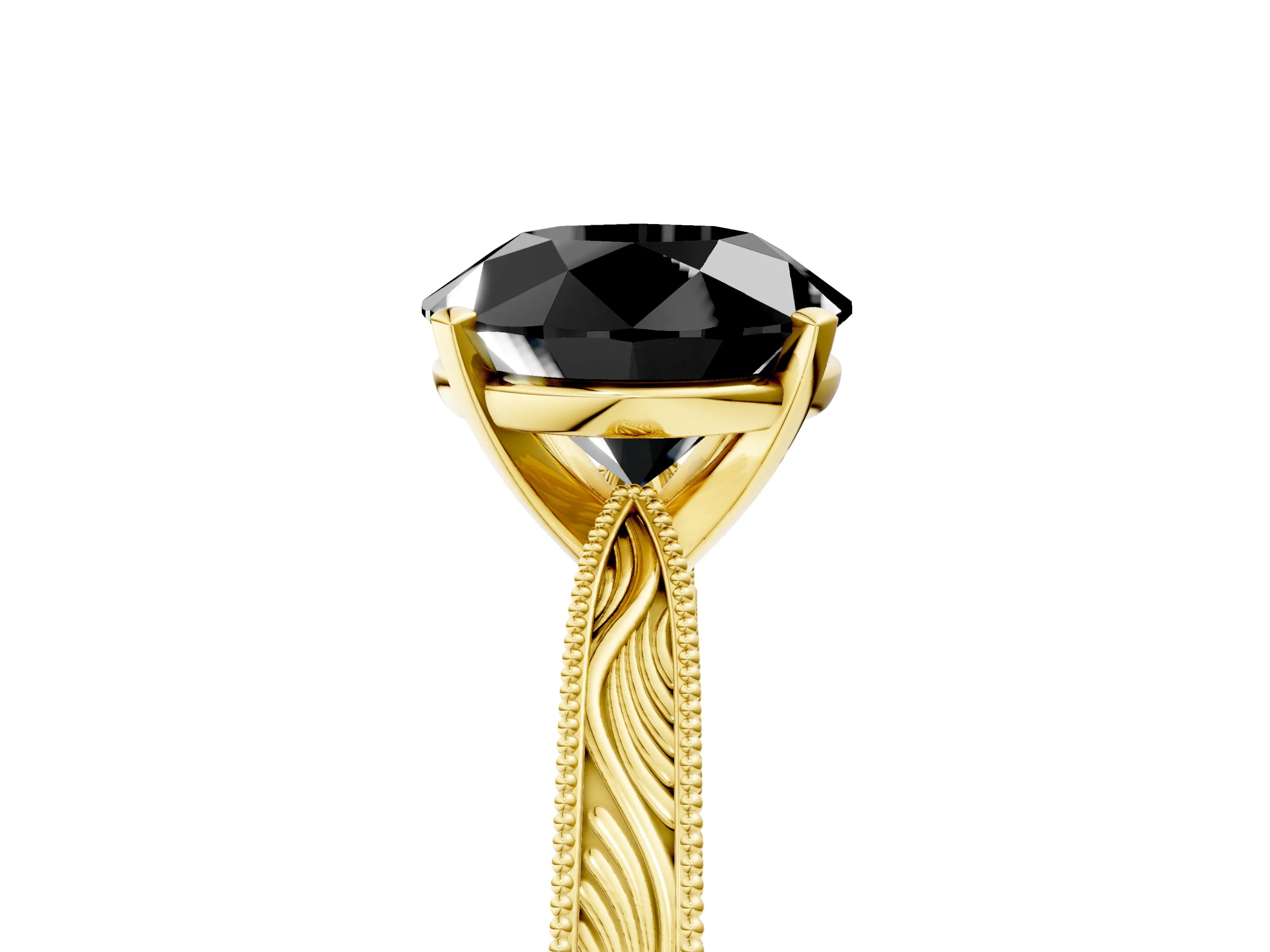 Yellow gold Fancy Black Round Cut Solitaire Milgrain Engraved Band with Four-Prong Setting_5