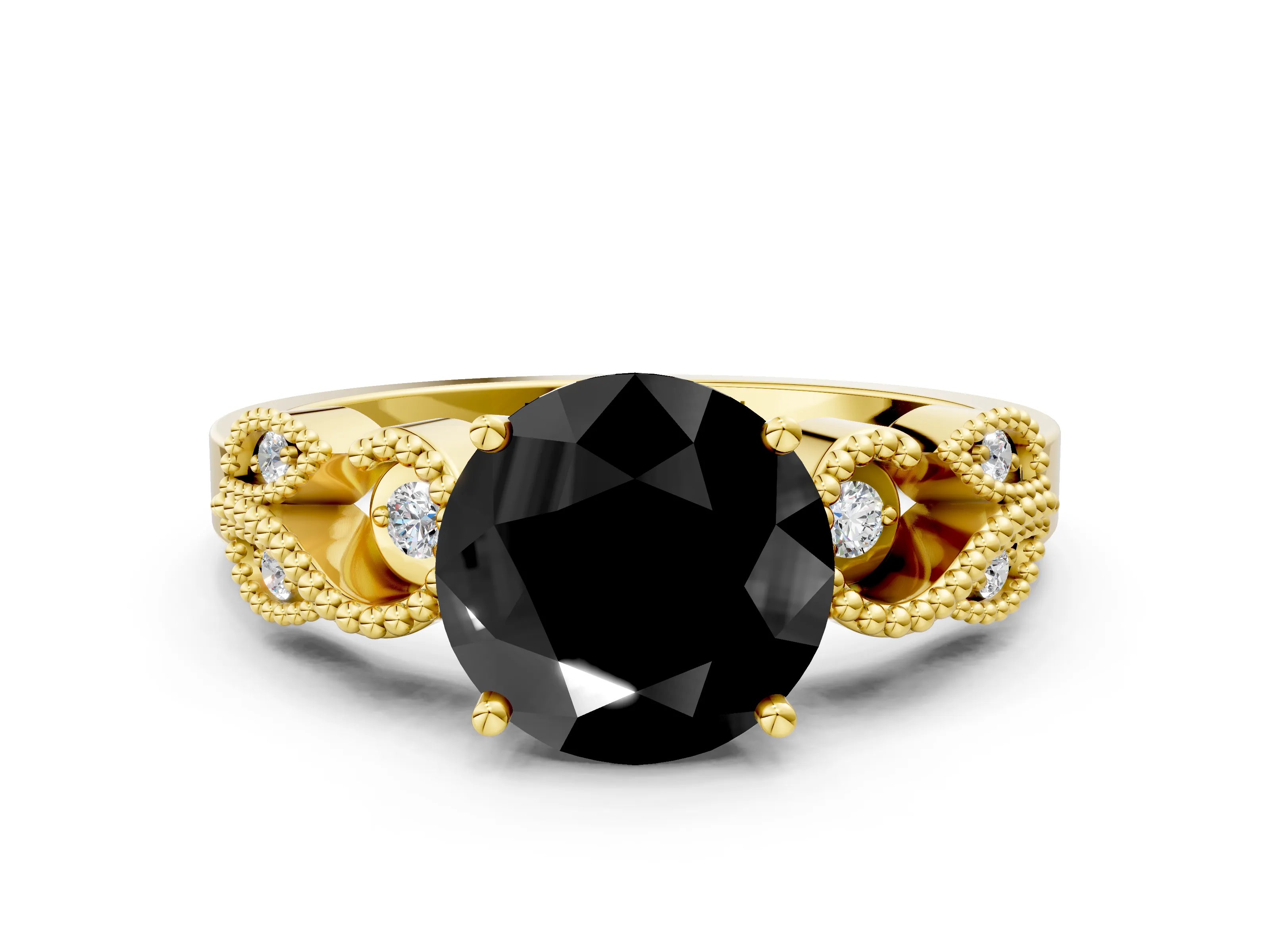 Yellow gold Fancy Black Round Cut Solitaire Milgrain Leaf Band with Prong Setting