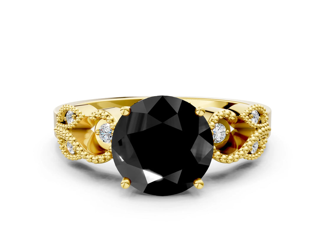 Yellow gold Fancy Black Round Cut Solitaire Milgrain Leaf Band with Prong Setting