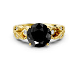 Yellow gold Fancy Black Round Cut Solitaire Milgrain Leaf Band with Prong Setting