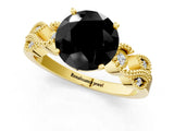 Yellow gold Fancy Black Round Cut Solitaire Milgrain Leaf Band with Prong Setting_1