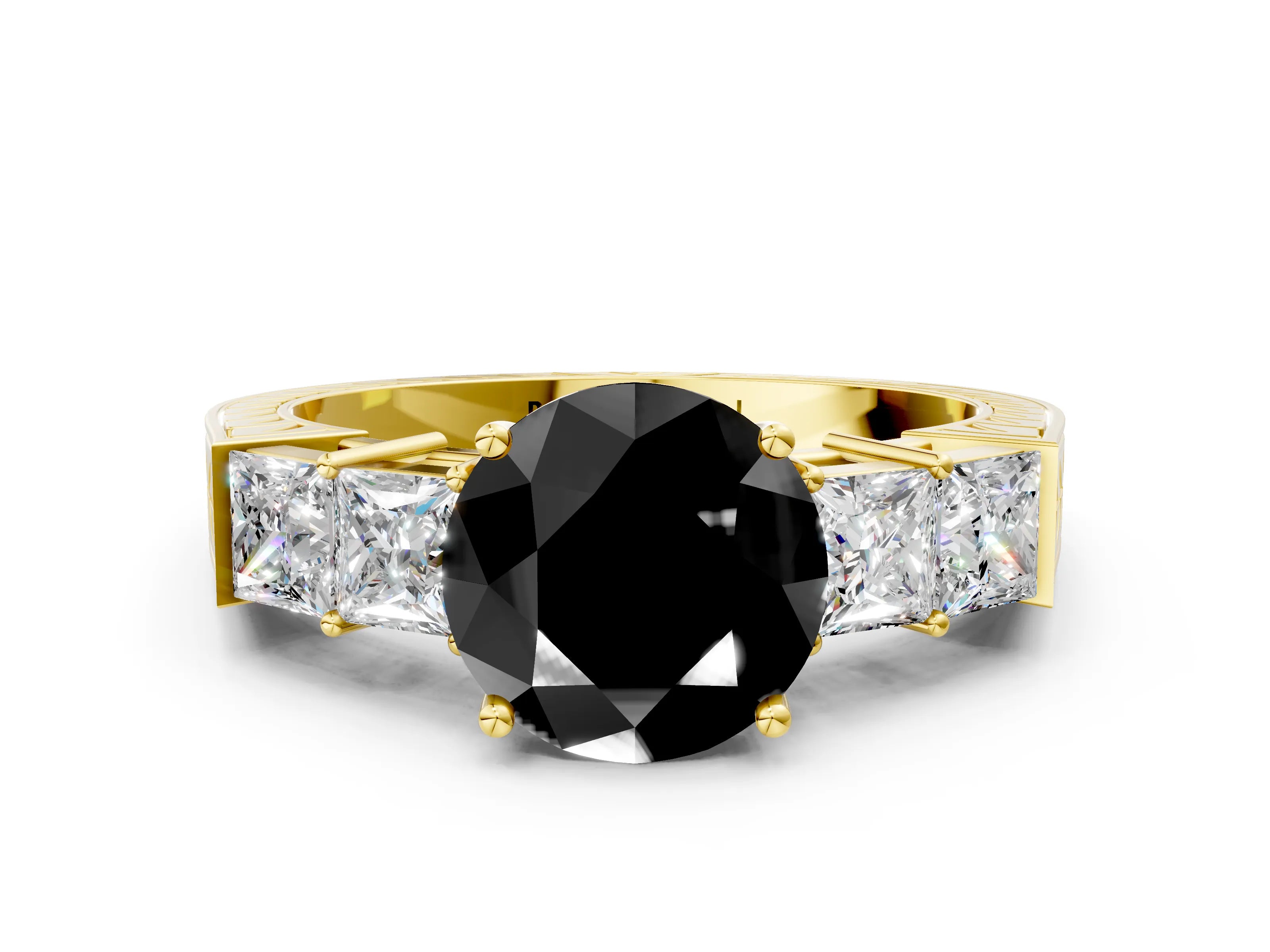 Yellow gold Fancy Black Round Cut Solitaire Princess Side Stone Engraved Band Prong Setting Ring