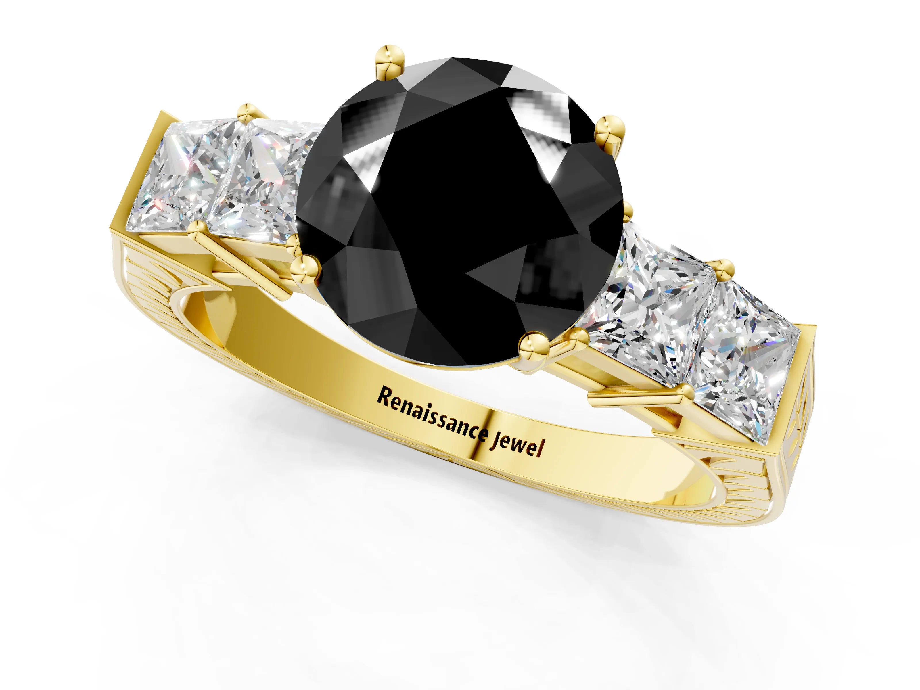 Yellow gold Fancy Black Round Cut Solitaire Princess Side Stone Engraved Band Prong Setting Ring_1