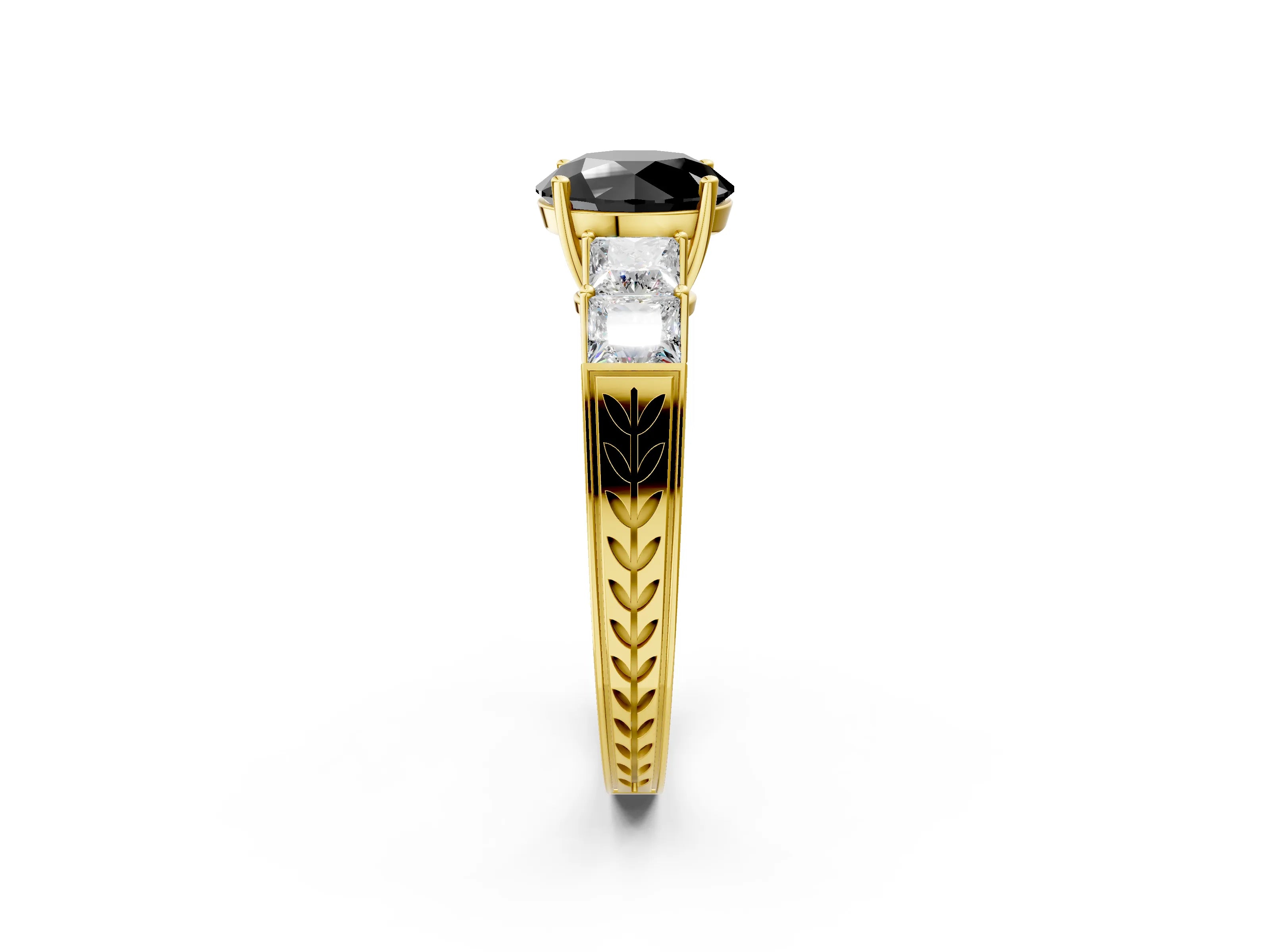Yellow gold Fancy Black Round Cut Solitaire Princess Side Stone Engraved Band Prong Setting Ring_2